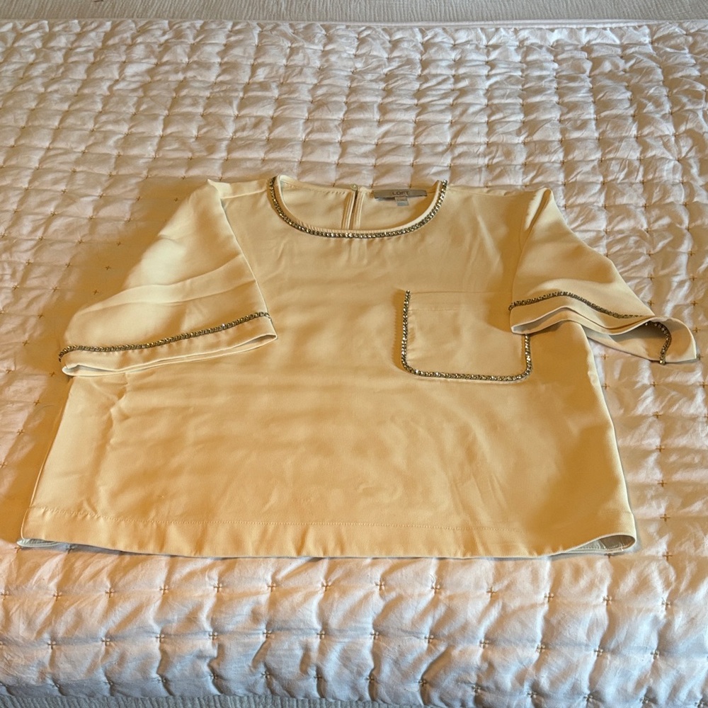 LOFT Cream Top with Embellished Neckline